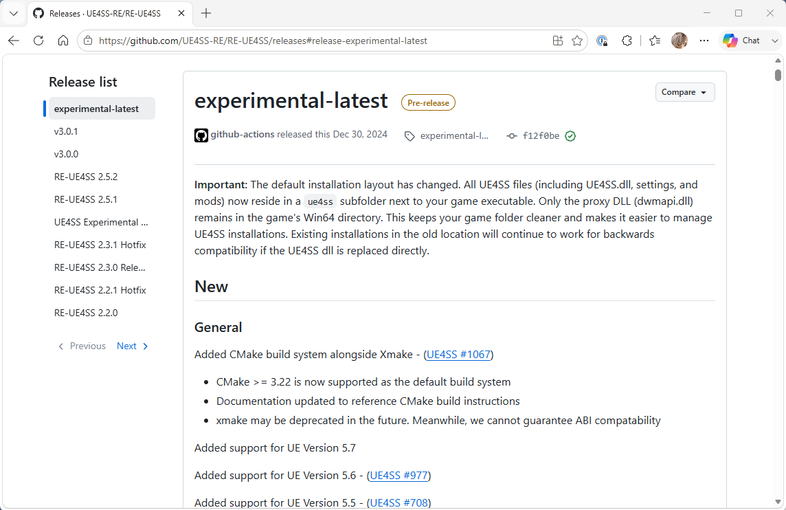 The RE-UE4SS releases page on GitHub, showing the experimental-latest release selected in the release list.