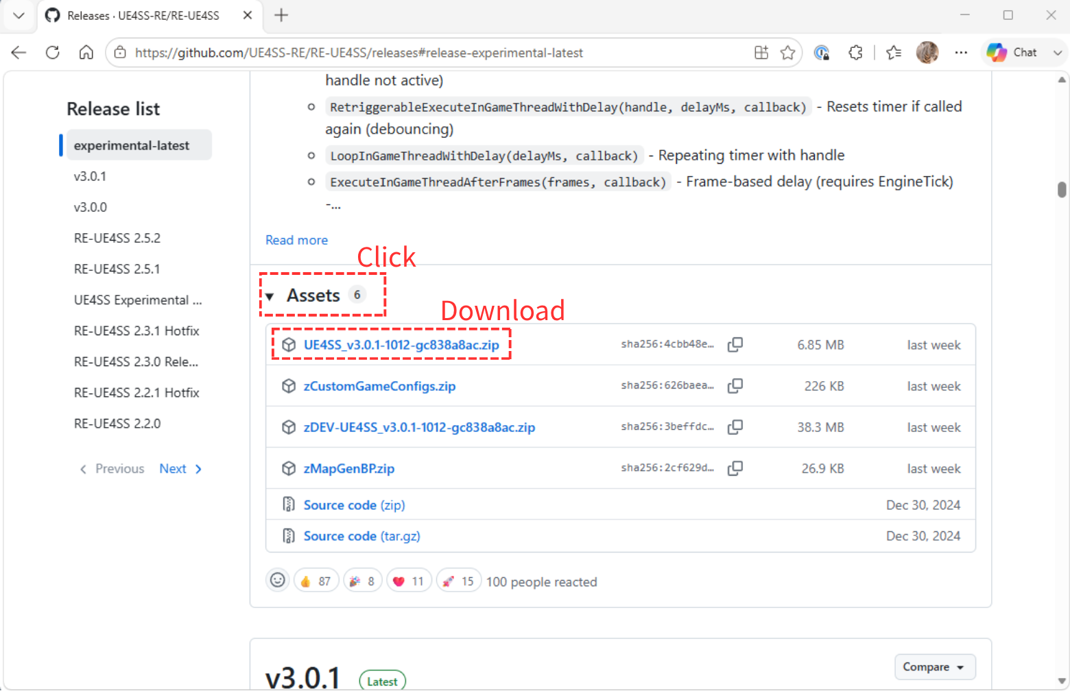 The expanded Assets section on GitHub, with the Assets toggle and the UE4SS zip file highlighted for download.