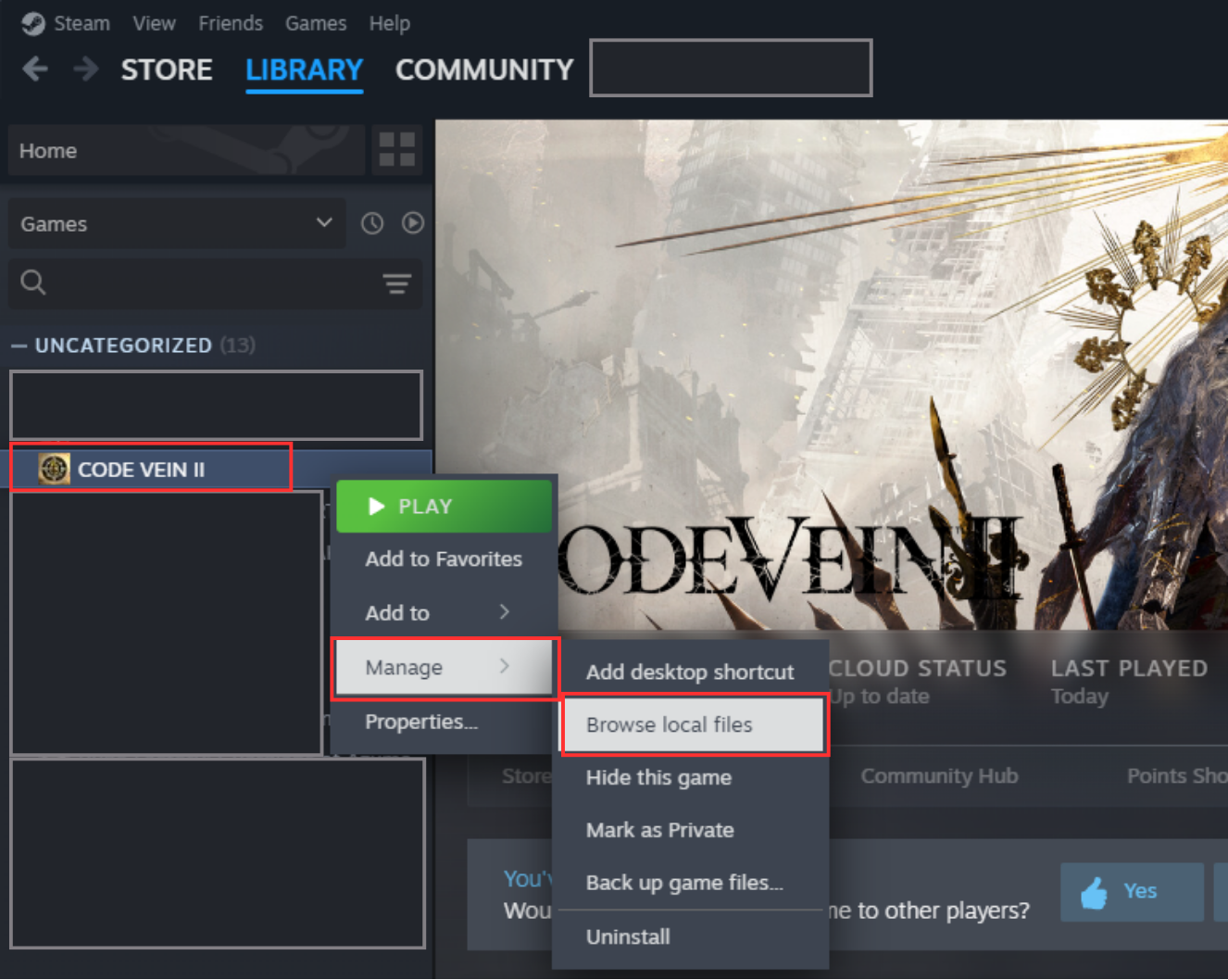 Steam library context menu for CODE VEIN II, with Manage and Browse local files highlighted.