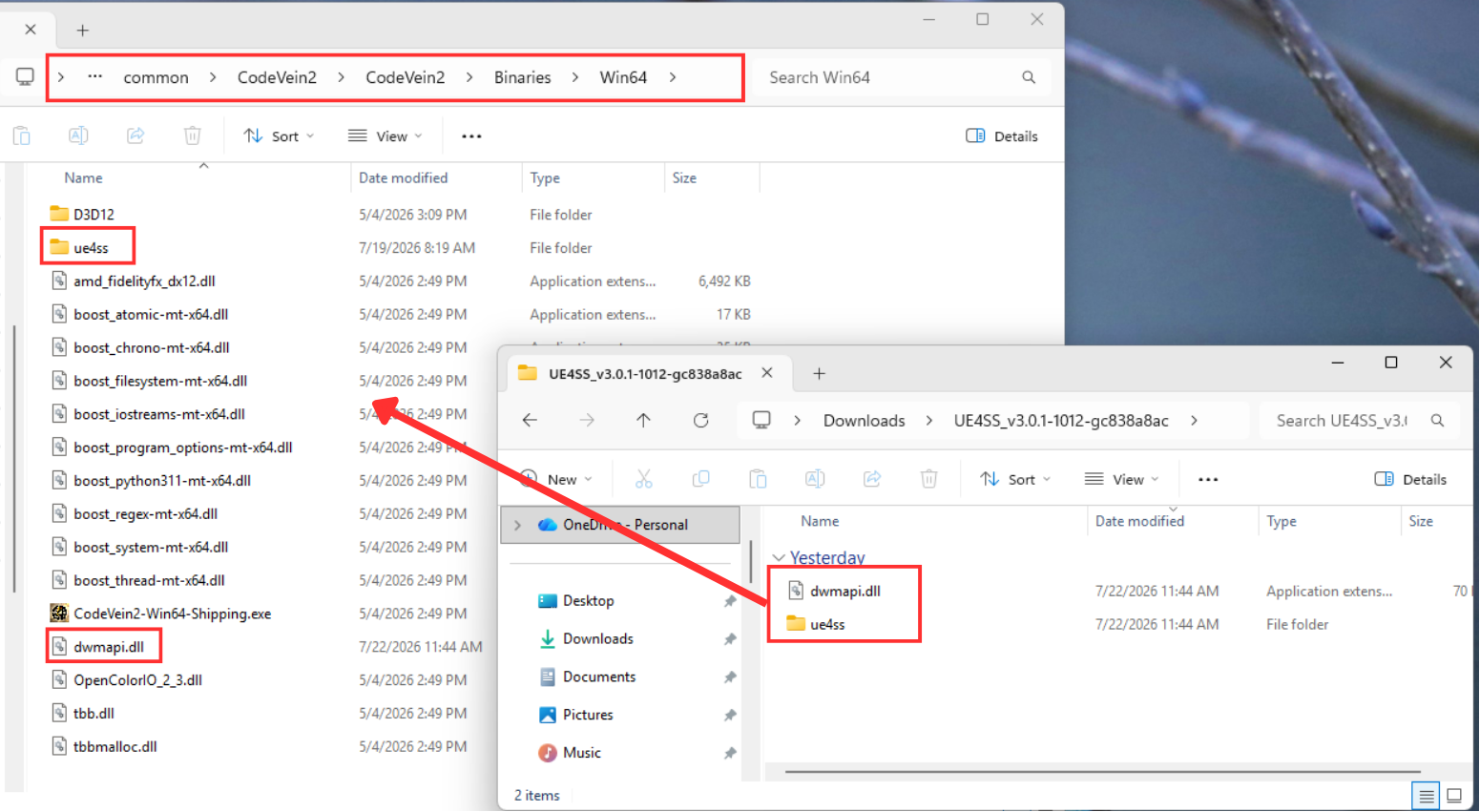 Two File Explorer windows side by side: the extracted UE4SS folder containing dwmapi.dll and the ue4ss folder on the right, and the CodeVein2\\Binaries\\Win64 destination folder on the left, with an arrow showing the files being copied over.