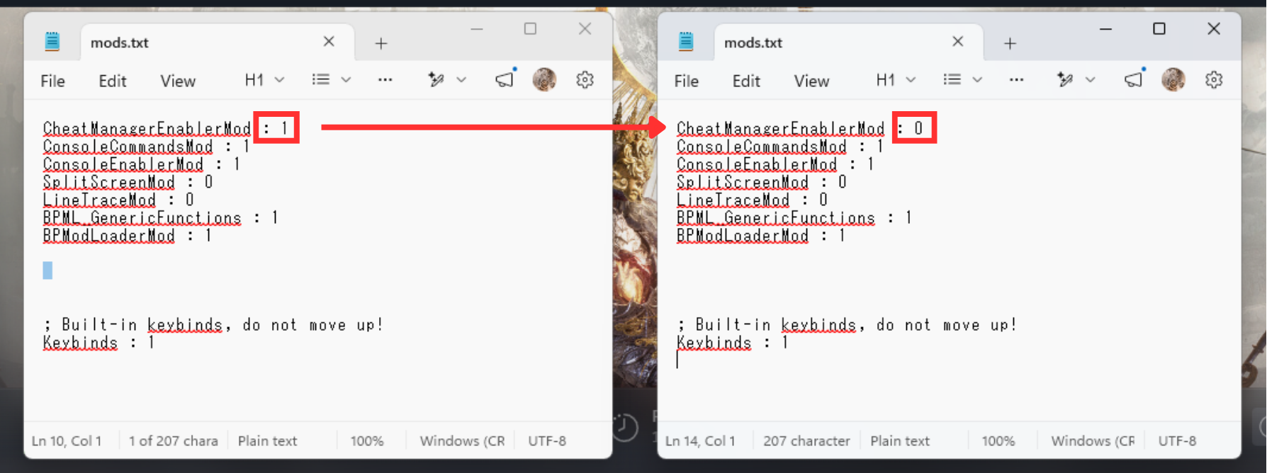 Two Notepad windows side by side showing mods.txt before and after editing: on the left, CheatManagerEnablerMod is set to 1; on the right, it has been changed to 0.
